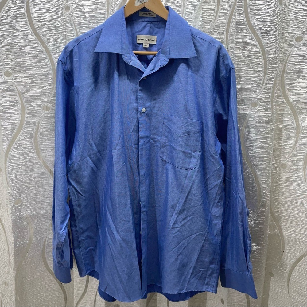 Pronto Uomo Dress Shirt Mens 16 34/35 Blue Non-Iron 80s‎ 2-Ply Cotton